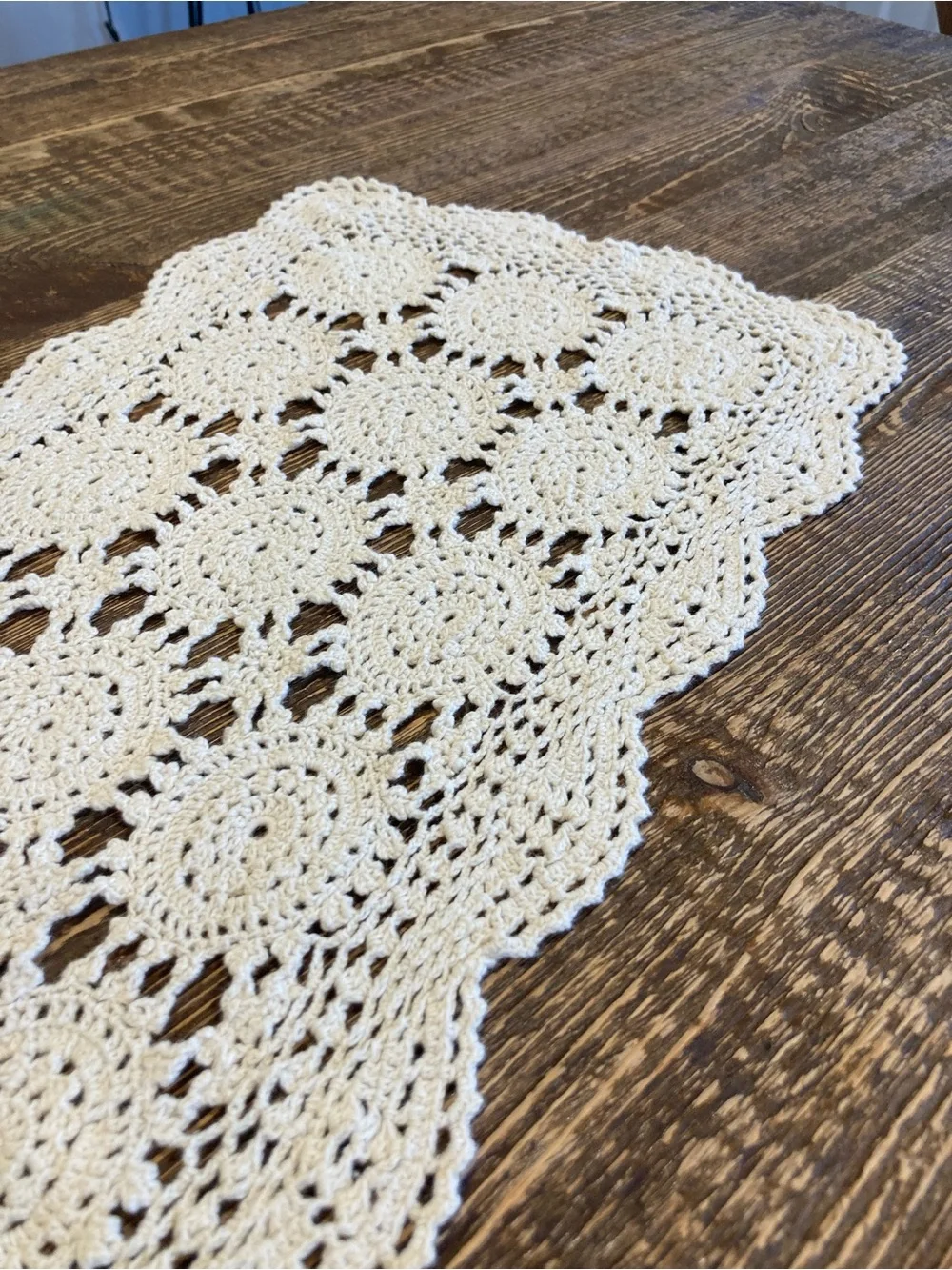 Hand Crochet Rectangle Doily 100% Cotton Made in China Cream Colored 30.5” Long